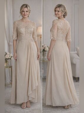 Chiffon & Lace Long Sleeve Evening Dress in Beige
